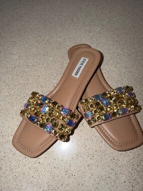 Steve Madden Rhinestone Slide Sandals Nude Square Toe Size 8.5